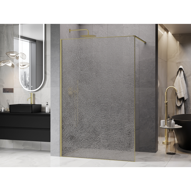 Mexen Kioto panel de ducha Walk-in 140 x 200 cm, crackle transparente 12 mm, oro cepillado - 800-140-101-55-04-X