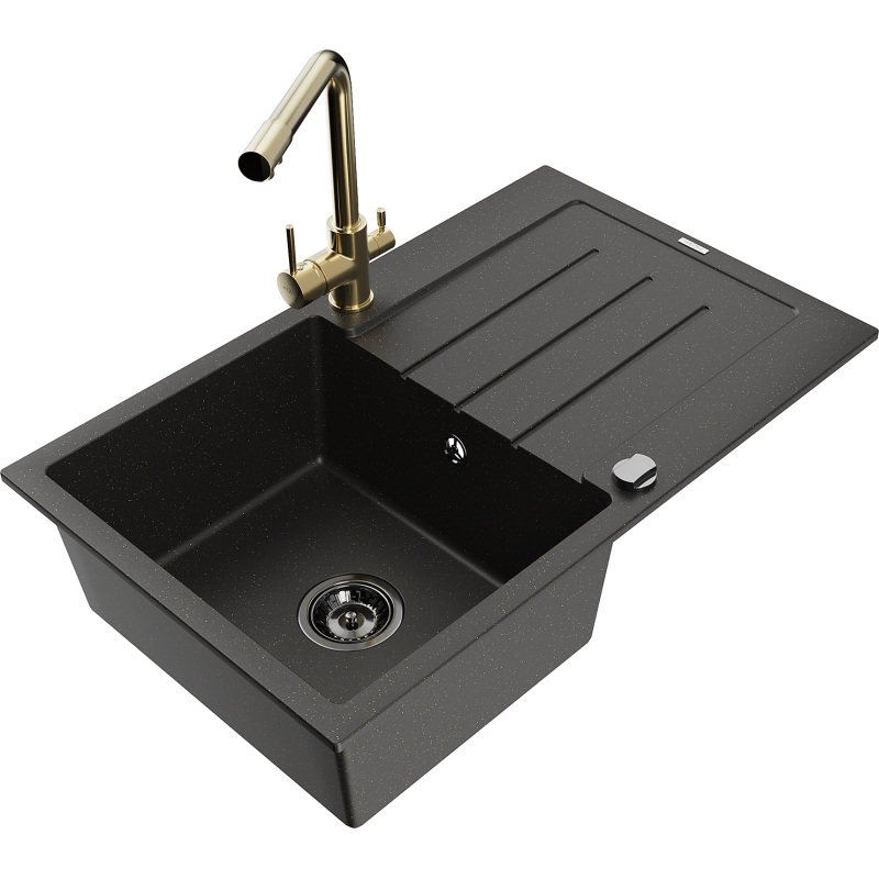 Mexen Bruno fregadero de granito de 1 cubeta con escurridor y grifo de cocina Duero, negro/oro metálico - 6513-75-671600-50-B