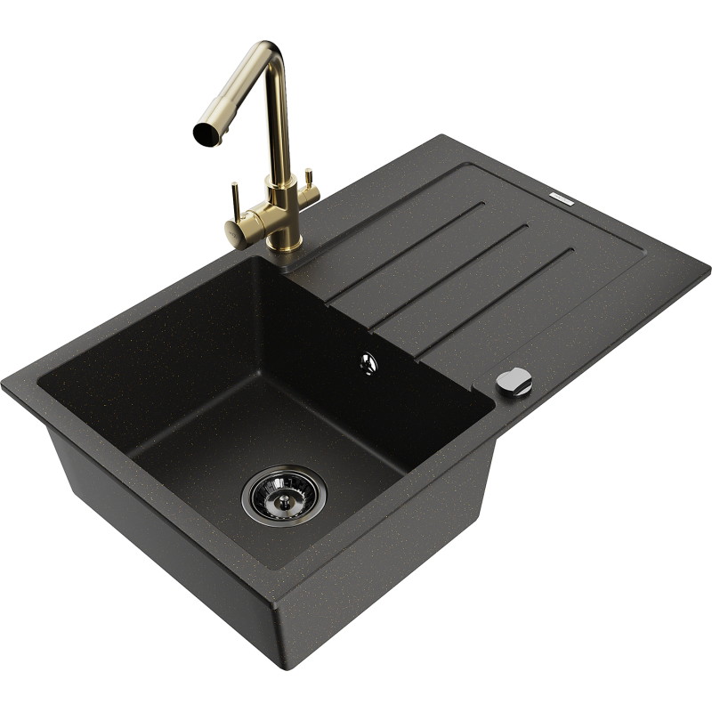 Mexen Bruno fregadero de granito de 1 seno con escurridor y grifo de cocina Duero, negro/metálico dorado - 6513-75-671600-50-B