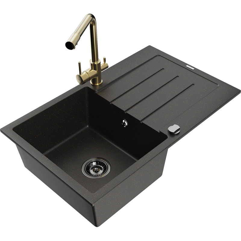 Mexen Bruno Granitspüle 1-Kammer mit Abtropffläche und Küchenarmatur Duero, schwarz/gold Metallic - 6513-75-671600-50-B