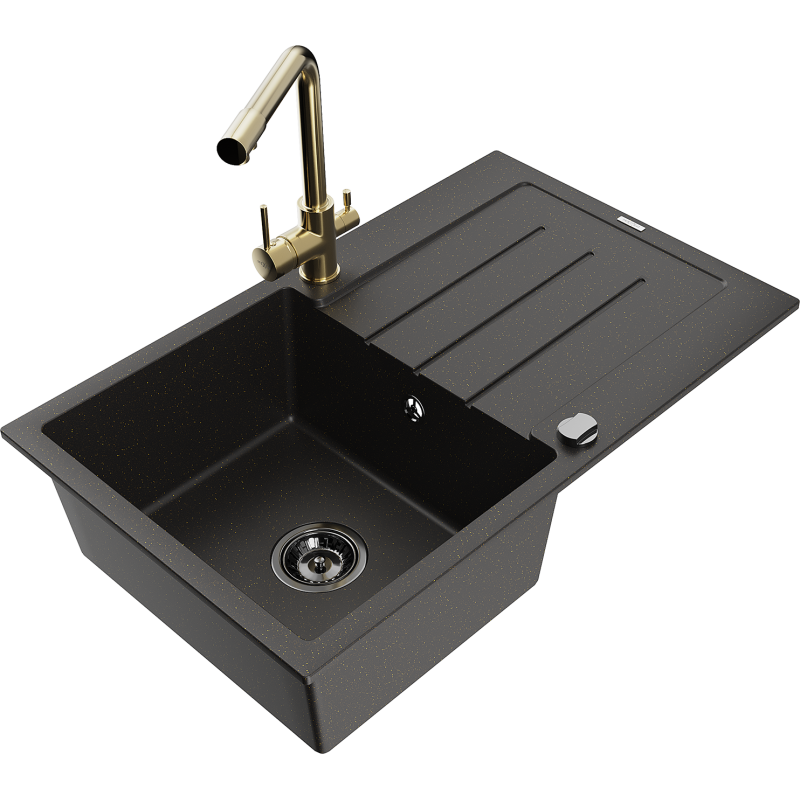 Mexen Bruno lava-louça de granito 1-cuba com escorredor e torneira de cozinha Duero, preto/dourado metálico