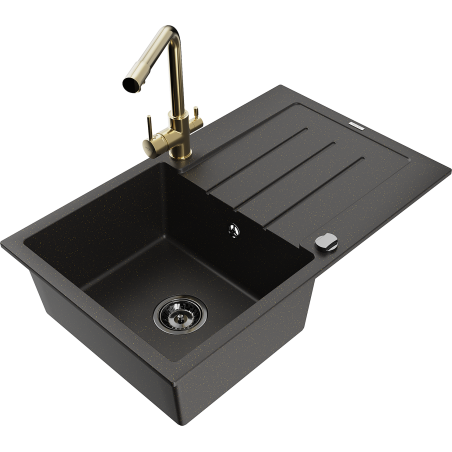 Mexen Bruno Granitspüle 1-Kammer mit Abtropffläche und Küchenarmatur Duero, schwarz/gold Metallic - 6513-75-671600-50-B