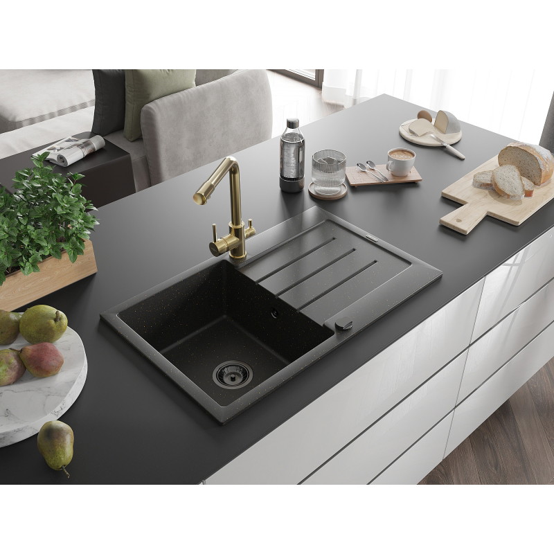 Mexen Bruno granitische spoelbak met 1 kom, afdruiprek en keukenmengkraan Duero, zwart/gouden metallic - 6513-75-671600-50-B