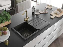Mexen Bruno graniidist 1-kauseline kraanikauss koos nõrutusalusega ja köögikraaniga Duero, must/kuldne metalne