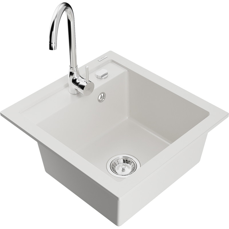 Mexen Vito 1-bowl granite kitchen sink with Telma kitchen faucet, white - 6503-20-670200-00
