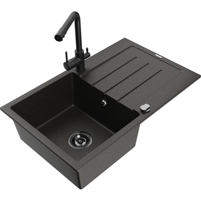 Mexen Bruno 1-bowl granite sink with drainer and Duero kitchen tap, black/gold metallic - 6513-75-671600-70-B