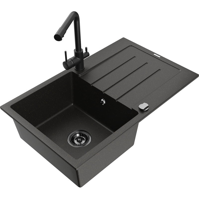 Mexen Bruno fregadero de granito de 1 cubeta con escurridor y grifo de cocina Duero, negro/oro metálico - 6513-75-671600-70-B
