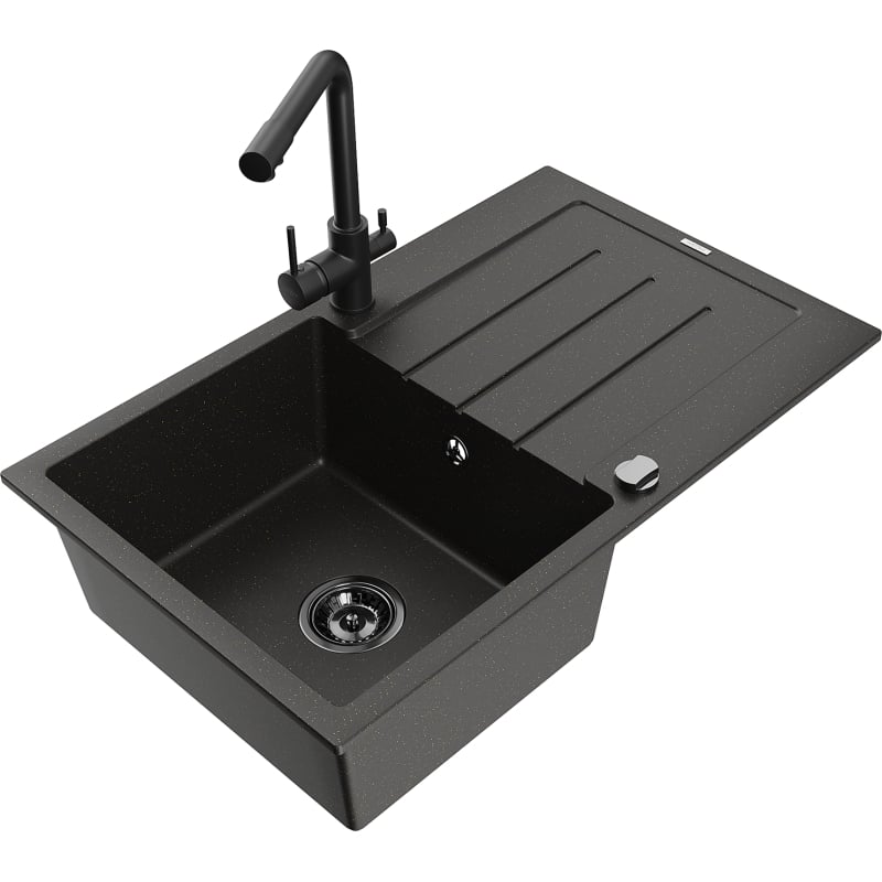Mexen Bruno fregadero de granito de 1 seno con escurridor y grifo de cocina Duero, negro/oro metálico - 6513-75-671600-70-B