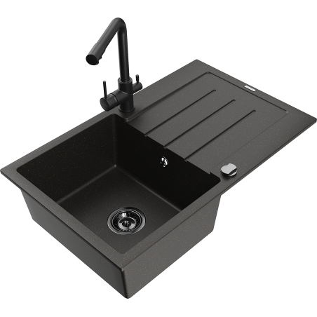 Mexen Bruno 1-bowl granite sink with drainer and Duero kitchen tap, black/gold metallic - 6513-75-671600-70-B