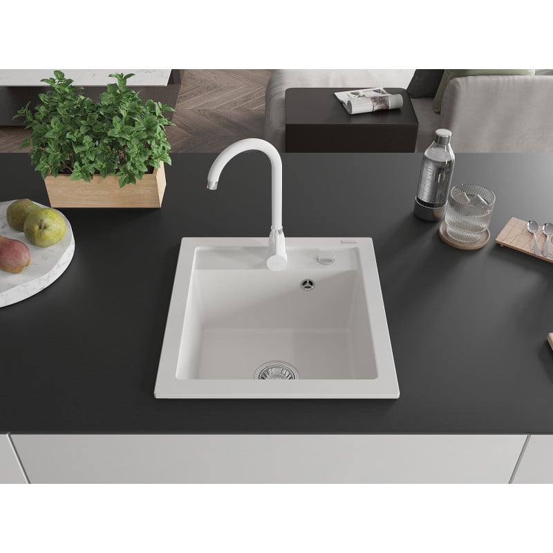 Mexen Vito 1-bowl granite sink with Telma kitchen tap, white - 6503-20-670200-20