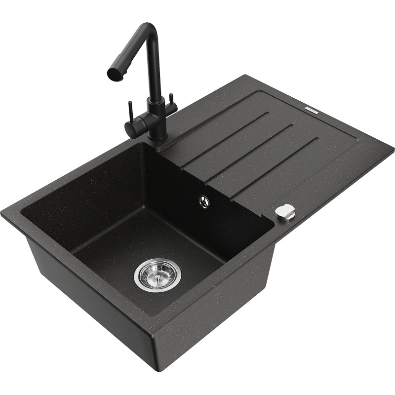 Mexen Bruno fregadero de granito de 1 cubeta con escurridor y grifo de cocina Duero, negro/dorado metálico - 6513-75-671600-70