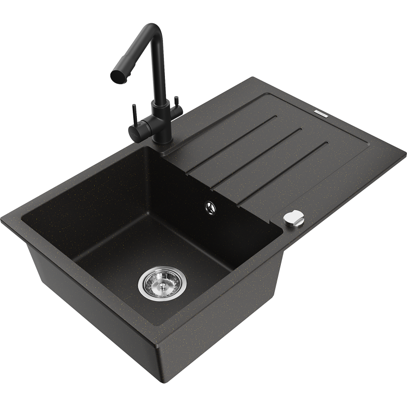 Mexen Bruno granīta izlietne ar vienu nodalījumu un noteci un virtuves jaucējkrāns Duero, melns/zeltīts metālisks