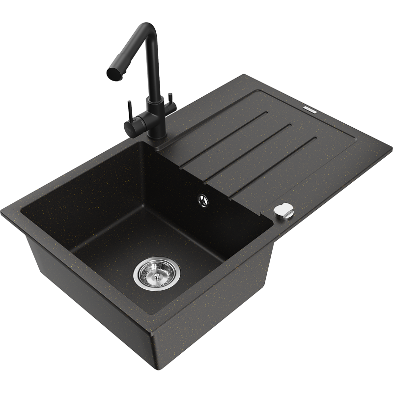 Mexen Bruno lavatório de granito de 1 cuba com escorredor e torneira de cozinha Duero, preto/dourado metálico