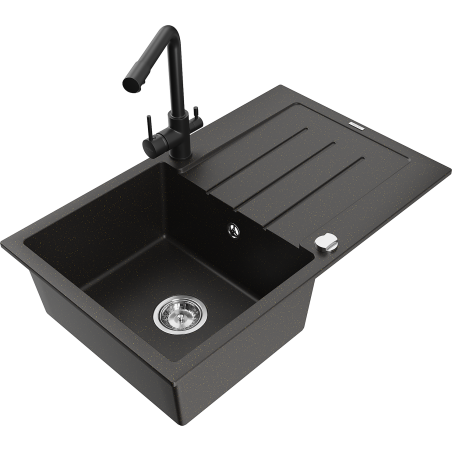 Mexen Bruno granite sink 1-bowl with drainer and Duero kitchen tap, black/gold metallic - 6513-75-671600-70