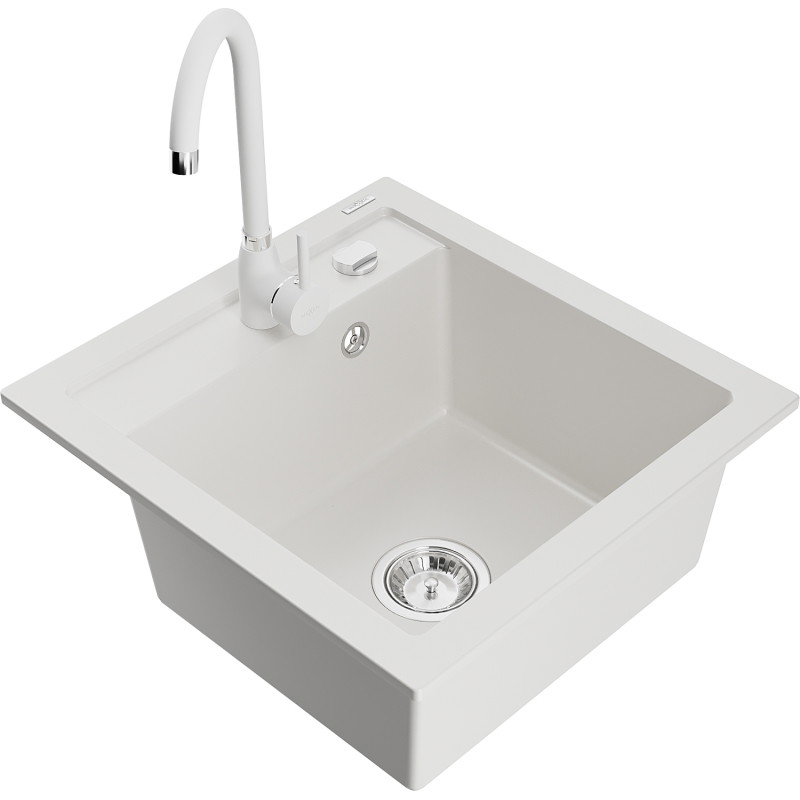 Mexen Vito granite kitchen sink 1-bowl with Telma kitchen faucet, white - 6503-20-670200-20