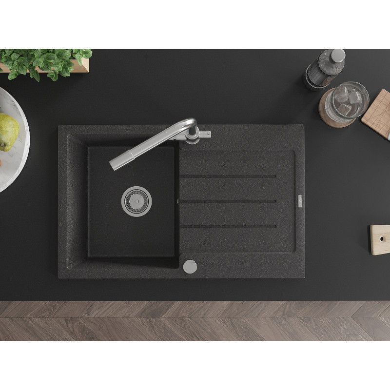Mexen Bruno fregadero de granito de 1 cubeta con escurridor y grifo de cocina Duero, negro salpicado - 6513-76-671600-00