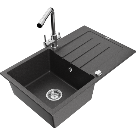 Mexen Bruno granite sink 1-bowl with drainer and Duero kitchen tap, black speckled - 6513-76-671600-00