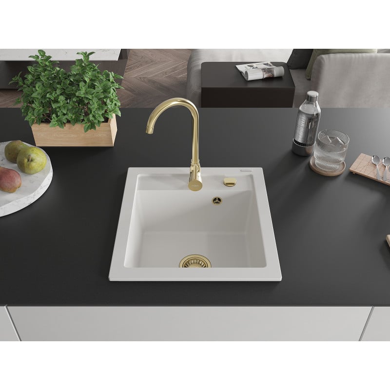 Mexen Vito granit wastafel 1-kamer met keukenmengkraan Telma, wit - 6503-20-670200-50