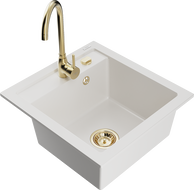 Mexen Vito granite kitchen sink 1-bowl with Telma kitchen faucet, white - 6503-20-670200-50