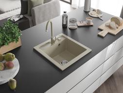 Mexen Vito single-bowl granite sink with Telma kitchen faucet, beige - 6503-69-670200-69