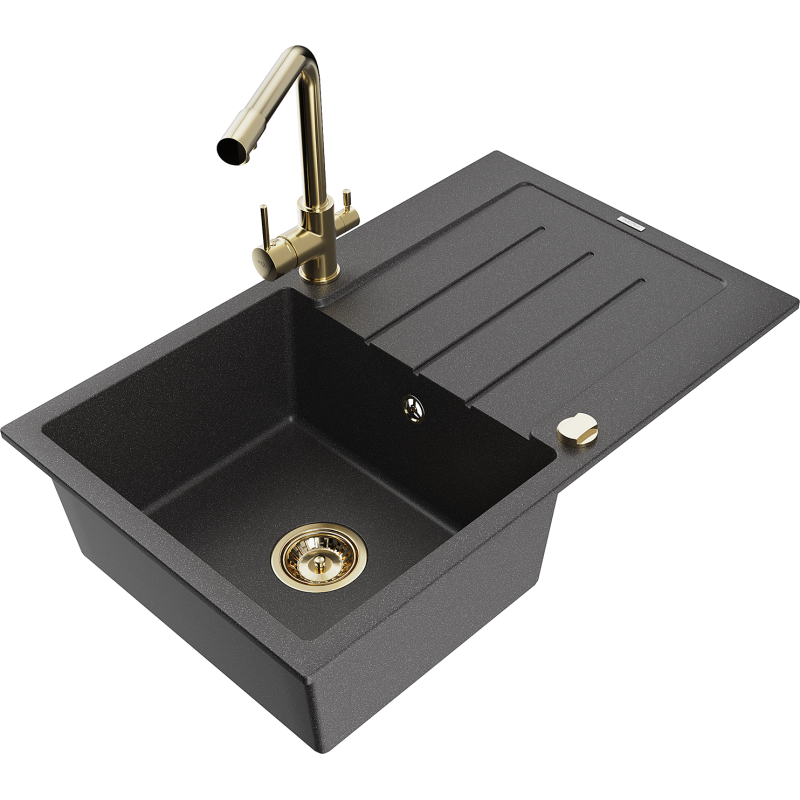 Mexen Bruno fregadero de granito de 1 cubeta con escurridor y grifo de cocina Duero, negro moteado - 6513-76-671600-50