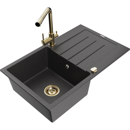 Mexen Bruno fregadero de granito de 1 cubeta con escurridor y grifo de cocina Duero, negro moteado - 6513-76-671600-50