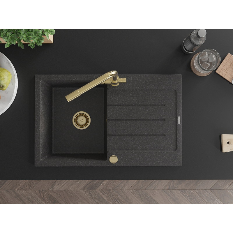 Mexen Bruno fregadero de granito de 1 seno con escurridor y grifo de cocina Duero, negro moteado - 6513-76-671600-50