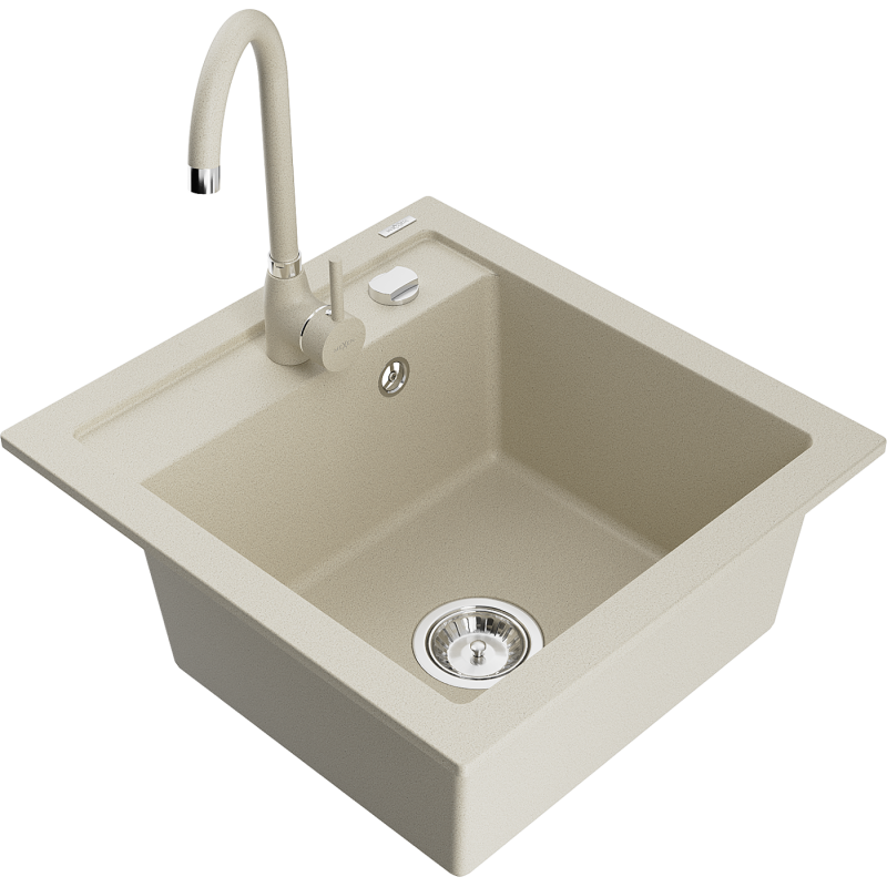 Mexen Vito granitische gootsteen met 1 bak en keukenmengkraan Telma, beige - 6503-69-670200-69