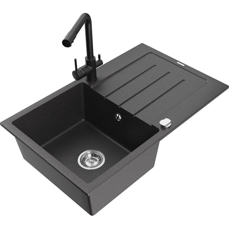 Mexen Bruno fregadero de granito de 1 seno con escurridor y grifo de cocina Duero, negro moteado - 6513-76-671600-70