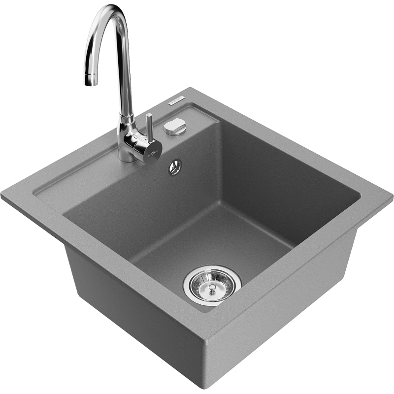 Mexen Vito granite kitchen sink 1-bowl with Telma kitchen tap, grey - 6503-71-670200-00