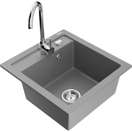 Mexen Vito granite kitchen sink 1-bowl with Telma kitchen tap, grey - 6503-71-670200-00