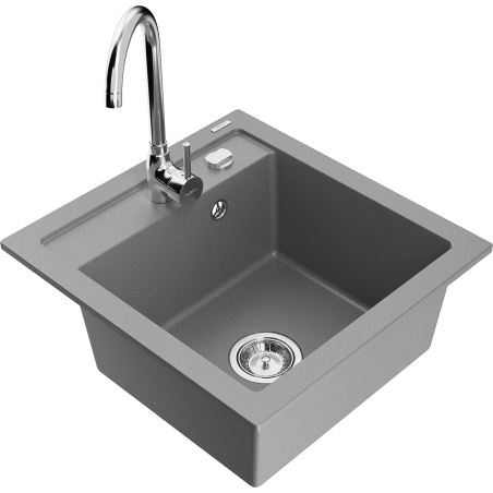 Mexen Vito granite kitchen sink single-bowl with Telma kitchen faucet, gray - 6503-71-670200-00