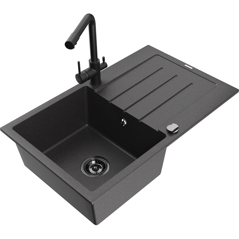 Mexen Bruno granite kitchen sink single-bowl with drainer and Duero kitchen tap, black speckled - 6513-76-671600-70-B