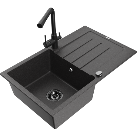 Mexen Bruno fregadero de granito de 1 cuenca con escurridor y grifo de cocina Duero, negro moteado - 6513-76-671600-70-B