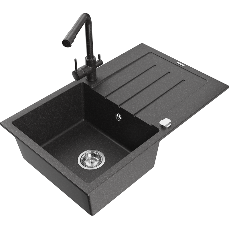 Mexen Bruno 1-basin granite kitchen sink with drainer and Duero kitchen tap, black speckled - 6513-76-671600-76