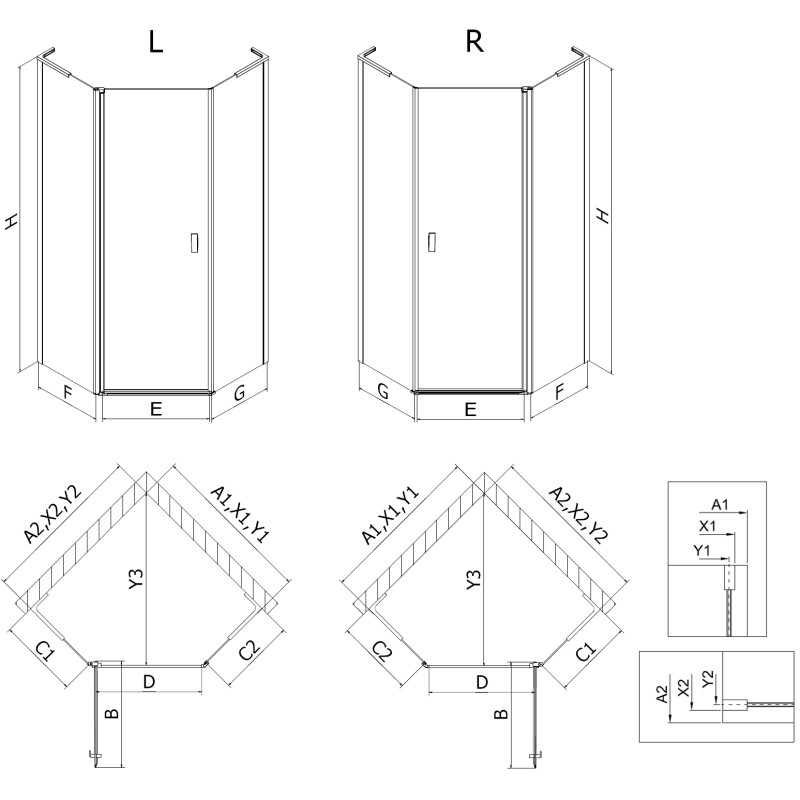Mexen Mist L cabine de duche pentagonal assimétrica com porta de abrir 100 x 90 cm transparente níquel escovado