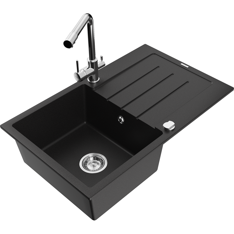 Mexen Bruno 1-bowl granite sink with drainer and Duero kitchen tap, black - 6513-77-671600-00
