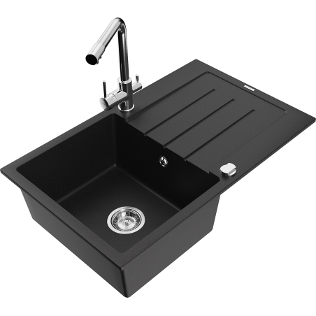 Mexen Bruno 1-bowl granite sink with drainer and Duero kitchen tap, black - 6513-77-671600-00