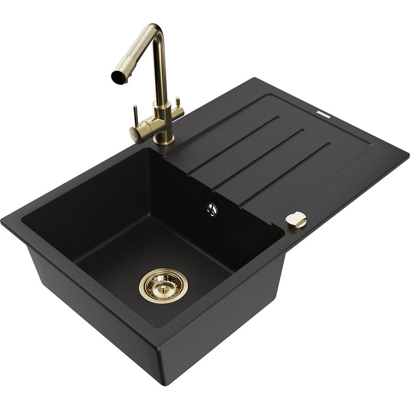Mexen Bruno fregadero de granito de 1 seno con escurridor y grifo de cocina Duero, negro - 6513-77-671600-50