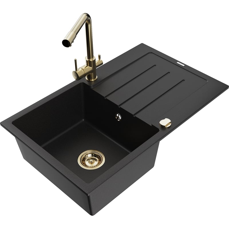 Mexen Bruno granite kitchen sink with drainer and kitchen faucet Duero, black - 6513-77-671600-50