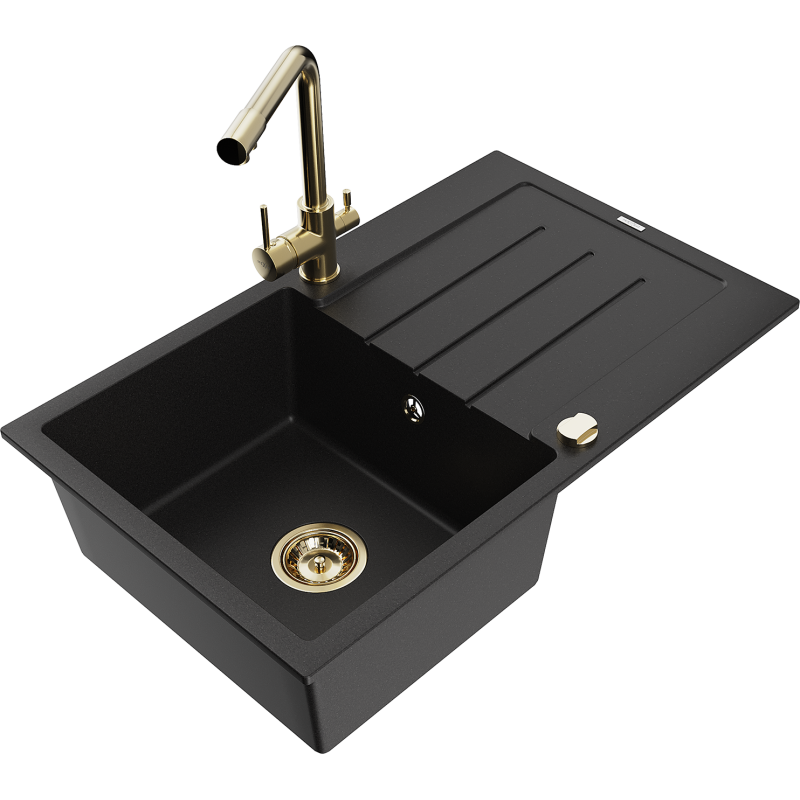 Mexen Bruno granite sink 1-bowl with drainer and Duero kitchen tap, black - 6513-77-671600-50