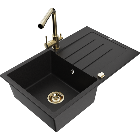 Mexen Bruno fregadero de granito de 1 cubeta con escurridor y grifo de cocina Duero, negro - 6513-77-671600-50