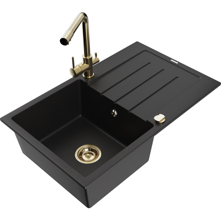 Mexen Bruno granite sink 1-bowl with drainer and Duero kitchen tap, black - 6513-77-671600-50
