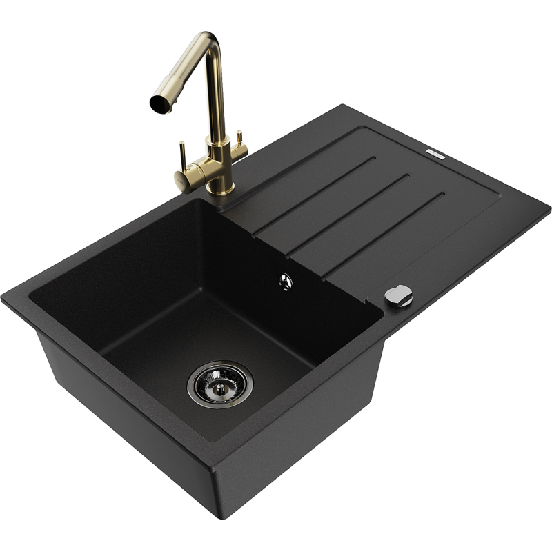 Mexen Bruno fregadero de granito de 1 seno con escurridor y grifo de cocina Duero, negro - 6513-77-671600-50-B