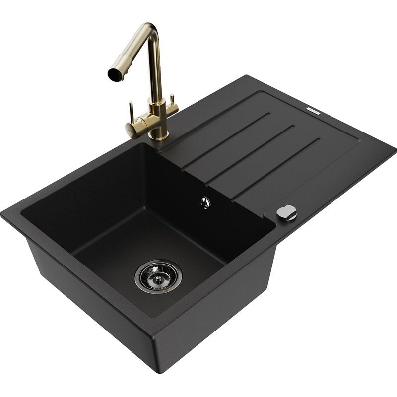 Mexen Bruno granite sink, 1-bowl with drainer and Duero kitchen tap, black - 6513-77-671600-50-B