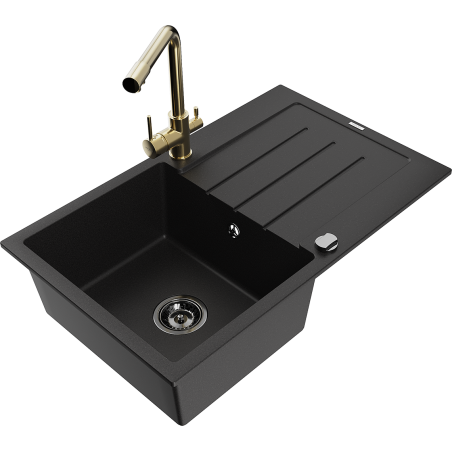 Mexen Bruno granite sink, 1-bowl with drainer and Duero kitchen tap, black - 6513-77-671600-50-B