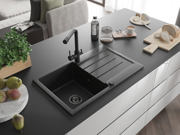 Mexen Bruno Granitspüle, 1-Becken mit Abtropffläche und Küchenarmatur Duero, schwarz - 6513-77-671600-70-B