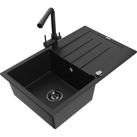 Mexen Bruno granite sink, 1-bowl with drainer and Duero kitchen tap, black - 6513-77-671600-70-B