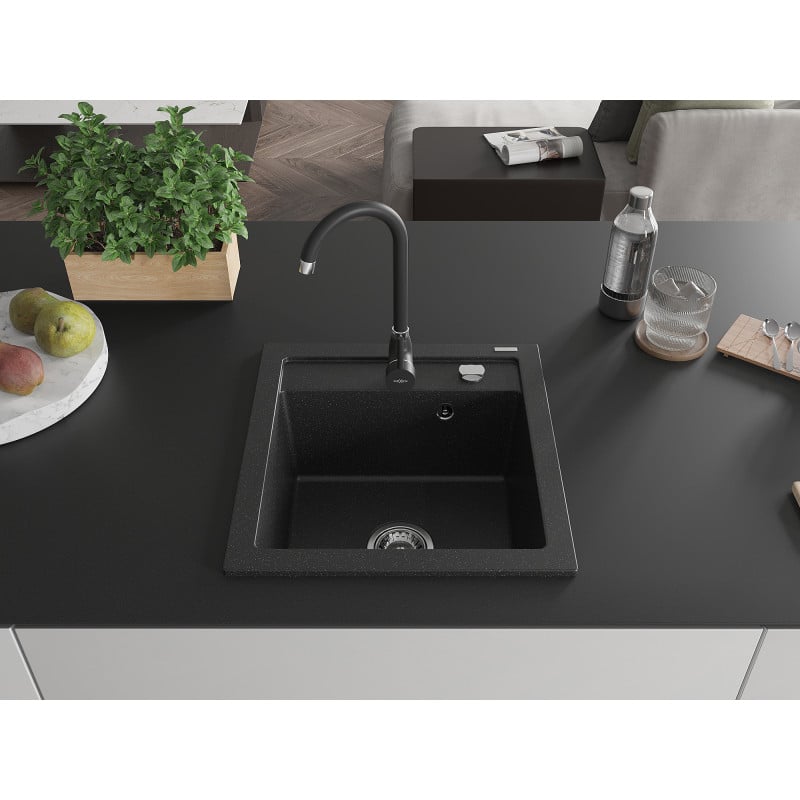 Mexen Vito fregadero de granito de 1 cubeta con grifo de cocina Telma, negro/plata metálico - 6503-73-670200-70