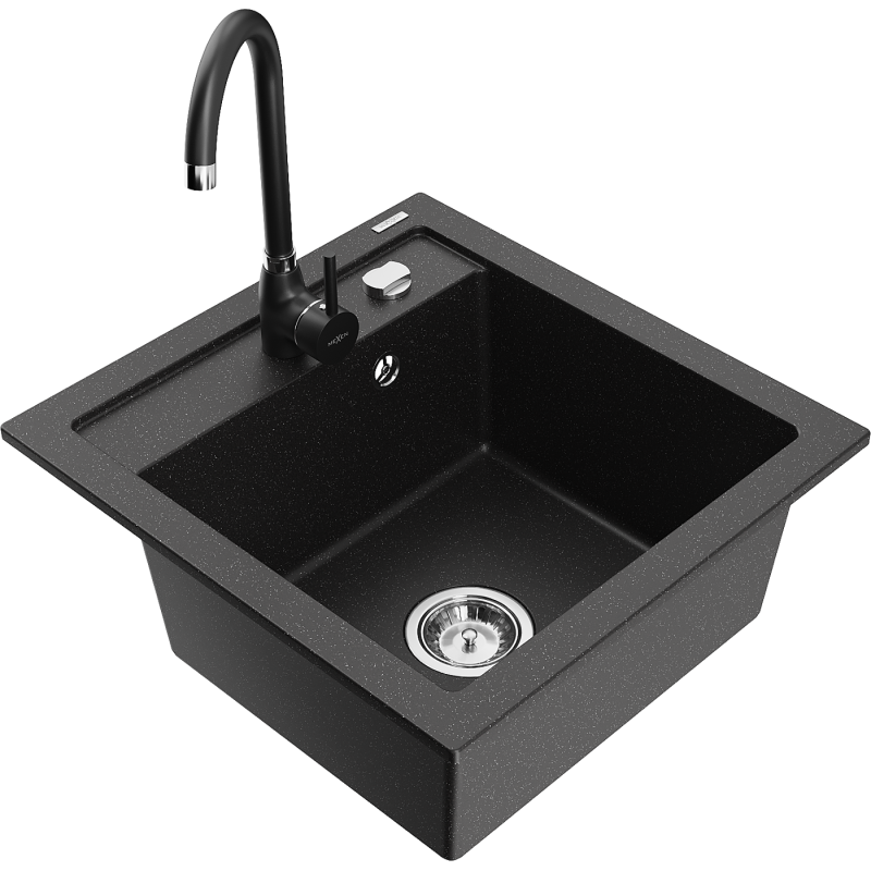 Mexen Vito évier en granit 1-bac avec robinet de cuisine Telma, noir/métallique argenté - 6503-73-670200-70